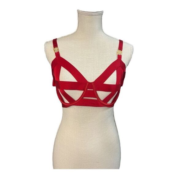 Victoria's Secret Red Banded Caged Strappy Unlined Balconet Bra 34DD Underwire - Picture 2 of 11
